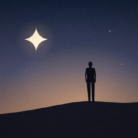 Illustration of a lone figure on a dune under a bright star at dusk.